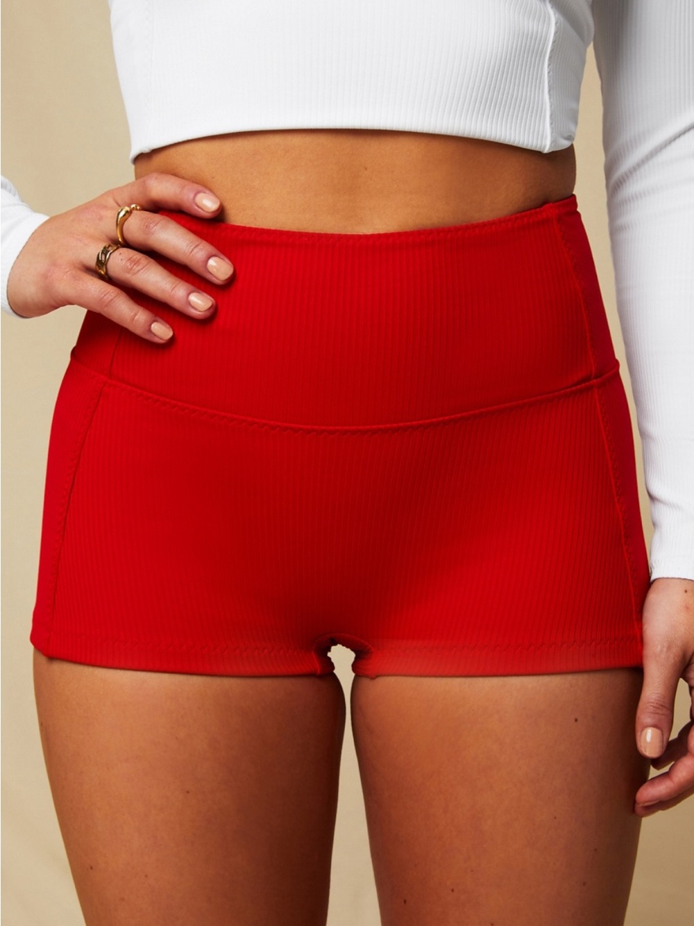 High-Waist Red Swim Shorts